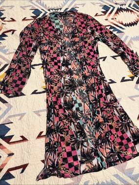 Pink Tropical Check Print Women's Kimono